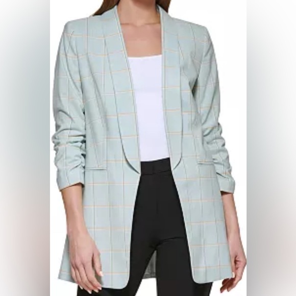Dkny Jackets & Blazers - DKNY Mint Plaid Ruched Sleeve Blazer Size 10 Tailored Jacket
